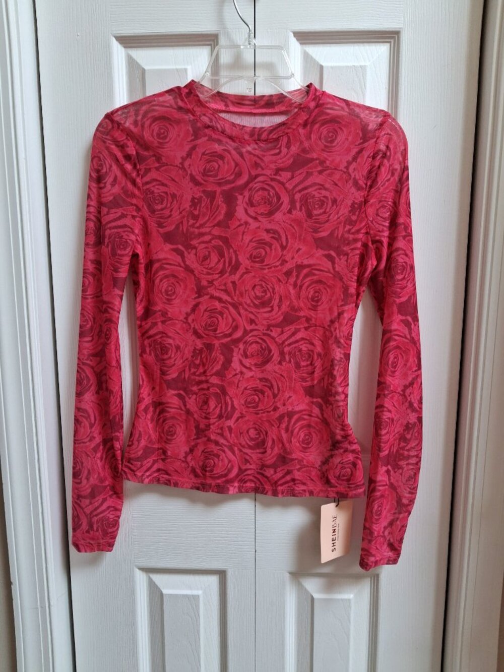 NWT SHEIN BAE Bright Pink w/Roses Long Sleeve Sheer Mesh Top sz M